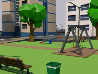 Low Poly City 3D model with buildings and roads Low-poly 3D model