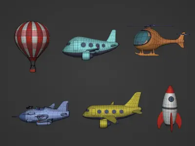 Cartoon Aircraft  Pack - Rocket Hot Air Balloon Plane Helicopter Low-poly 3D model
