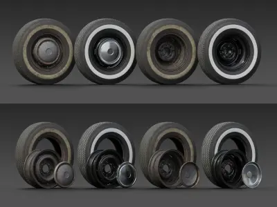 Set of 5 mid-poly vintage car wheels 3D model