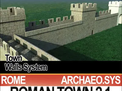 Roman Town Gate and Walls System A 2 1 Low Poly 3D model