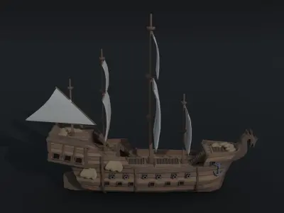 Cartoon medieval ship Polygonal Style Low-poly 3D model