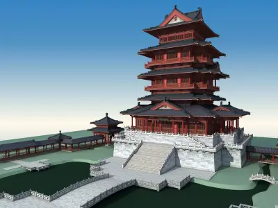 Chinese palace architecture Low-poly 3D model