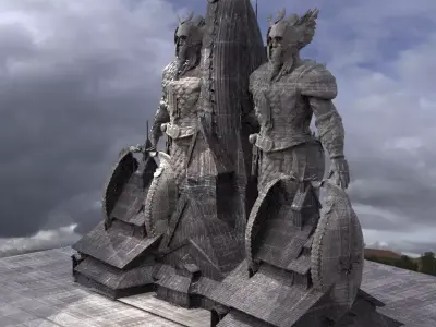 Viking Hall exterior ship design With Statue of warrior 2 3D model