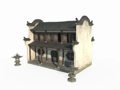 Two story residential buildings in ancient Asian architecture 3D model