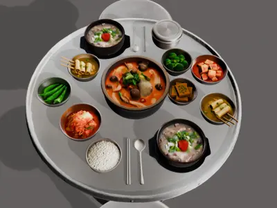 Korean Comfort Food and Tableware Set of 13 Low-poly 3D model