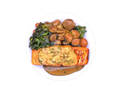 Salmon  with Crispy Potatoes and  Broccolis Low-poly 3D model