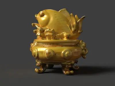  Chinese fish money pot  Low-poly 3D model