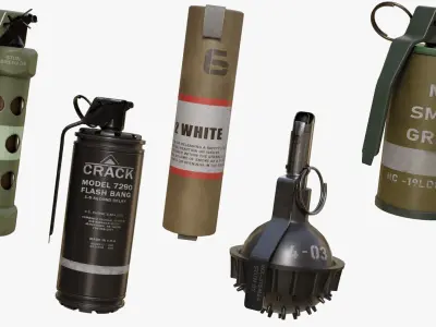 Smoke and Flash Grenades Single Mat All PBR Unity UE Textures Low-poly 3D model