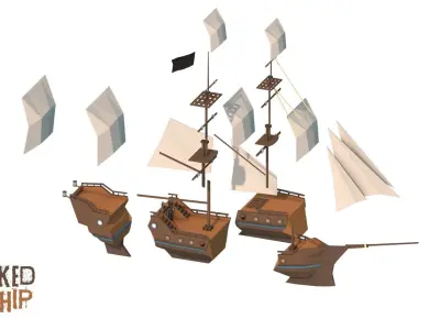 Low Poly Pirate Ships with Wrecked Versions Low-poly 3D model