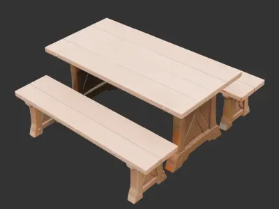 Wooden Farmhouse Table Set Low-poly 3D model
