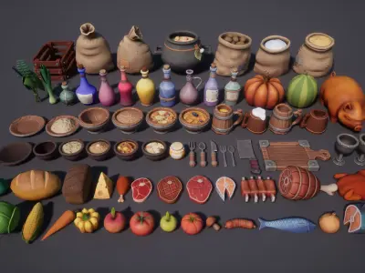 Stylized Food 3D Pack with Meat Fruits Vegetables Dishes Low-poly 3D model