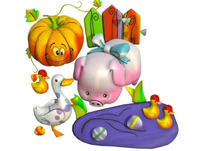 Cartoon 3D illustration Pig Duck Pumpkin Goose Low-poly 3D model