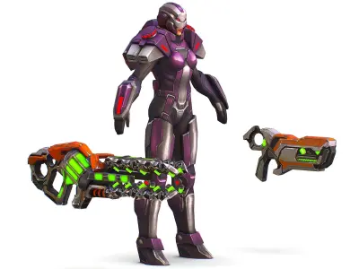 Woman Cyborg Machine Gun with Rifle and Pistol Low-poly 3D model