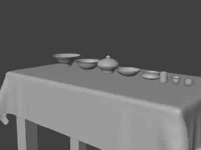 3D Cuisine Pack Pots Plates Cups and Stylish Table Free low-poly 3D model