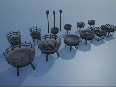 Medieval Iron Firepit and Torch Low-poly 3D model