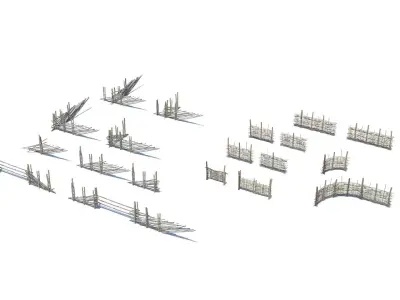 Modular medieval wooden fence pack Low-poly 3D model