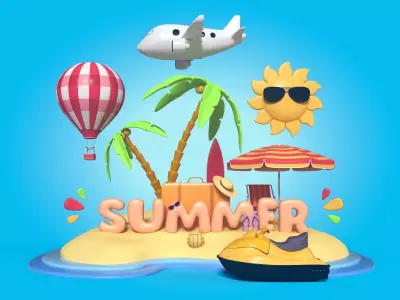 Cartoon Summer Collection - Beach Parasol Beach Jetski Plane Low-poly 3D model