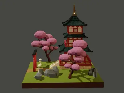 Japanese Temple Low-poly 3D model