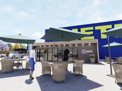 Coffee shop commercial building and urban cars parking 3D model