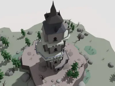 low poly cartoon fantasy tower scene Low-poly 3D model