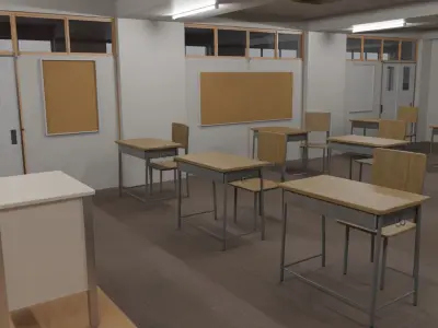 classroom with desks and chairs Low-poly 3D model