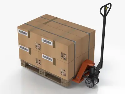 Hand pallet truck and Boxes Low-poly 3D model