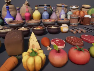 Stylized Food 3D Pack with Meat Fruits Vegetables Dishes Low-poly 3D model