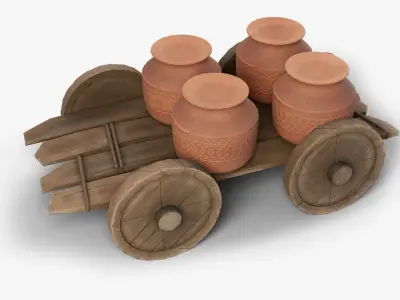 Wooden Cart With Pots Low-poly 3D model