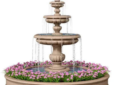 Classic garden travertine outdoor Fountain with flower bed 3D model