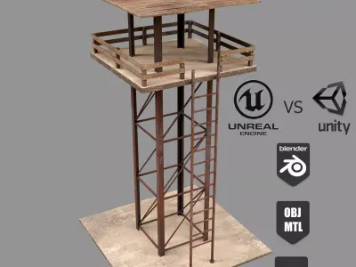 A low-poly 3D model of a military tower Low-poly 3D model