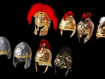 textured ANCIENT HELMET BUNDLE Low-poly 3D model