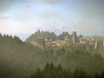 Castle man in armor on hill overlooking Low-poly 3D model