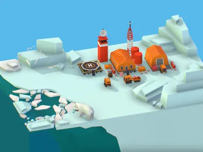 Polar Station on Glacier Polar Bear Low-poly 3D model