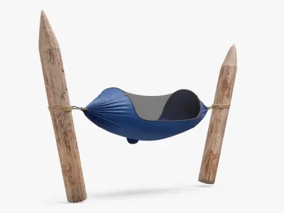 Survival Hammock Attached to Wooden Stakes 3D model
