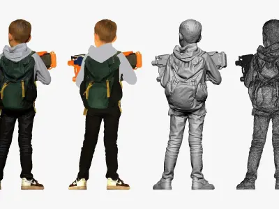 001133 junior boy with water rifle bag behind 3D model