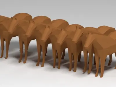 Low poly horses group of in line Low-poly 3D model