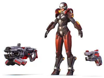 Cartoon Sci-Fi Cyborg Drone Heavy Machine Gunner Low-poly 3D model