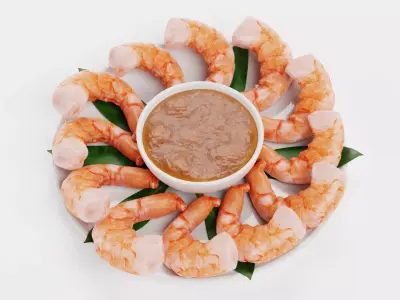 Shrimps on Plate with Sauce - Realistic Seafood Arrangement 3D model