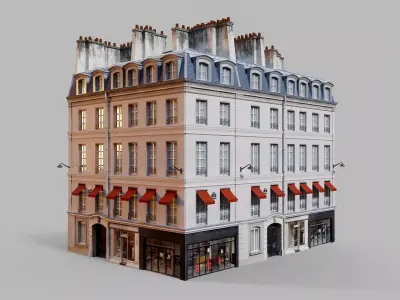 Parisian building with awnings Low-poly 3D model