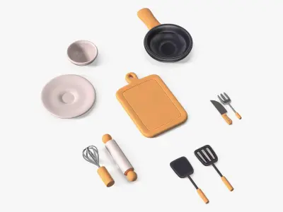 Cartoon Cooking Utensil Set with Board and Pan 3D model