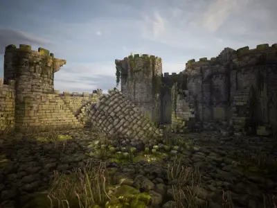 Overgrown Medieval Castle Walls And Towers 45 Assets Low-poly 3D model