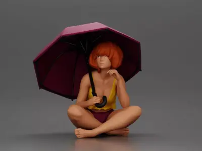 Girl with hair holding umbrella sitting in thoughtful pose 3D print model