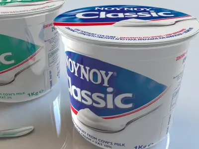 Yogurts pack and spoon 3D model 3D model