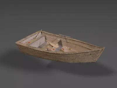Old wooden boat with an oar and one broken oar 3D model