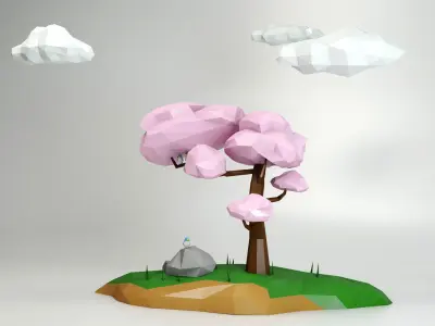 Tree low poly cherry on island with clouds Low-poly 3D model