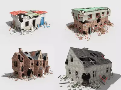 4 low poly destroyed buildings pack 2 Low-poly 3D model