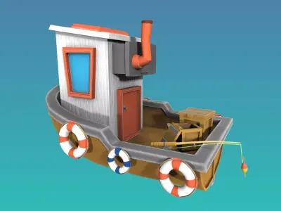 Cartoon style low poly Fishing boat Low-poly 3D model