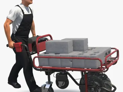 Worker with Filled Wheelbarrow Concrete Bricks 3D model purchase