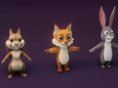 Cartoon Animated Squirrel Rabbit and Fox 3D Low poly 3D Model Free 3D model