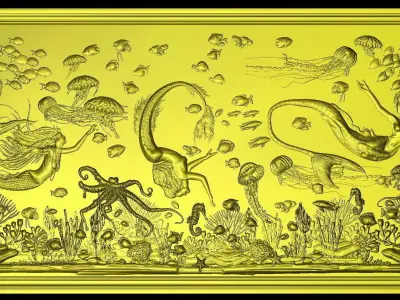 Aquatic Mermaid Theme Panno v6 STL for CNC Relief engraving 3D model